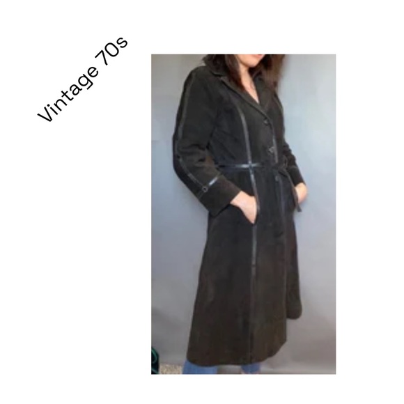 Rare Find!Vintage 70s Dark Mocha Brown Real Leather & Suede Belted Long Coat - Picture 3 of 9